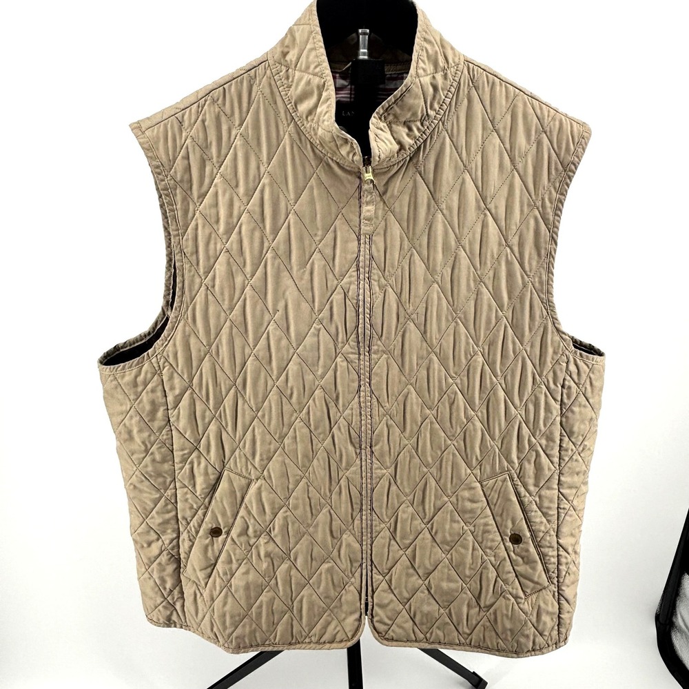 Lands End Quilted Vest Tan Khaki Diamond Stitch Plaid Lined Full Zip XL 18-20